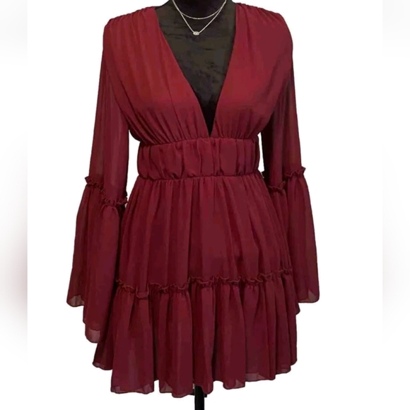 Plunging Neck Frill Maroon Ruffle Hem Chiffon Dress Size Medium NWTG - Picture 1 of 15